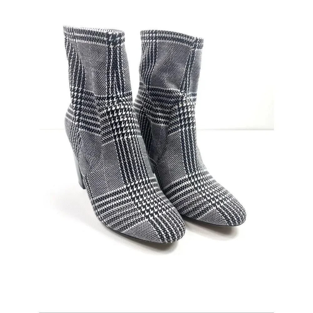 ALDO Lovelee Houndstooth Plaid 3.5” Block Heel Back Zip Ankle Boots Stretch Size